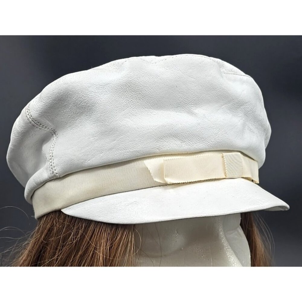 Saks Fifth Avenue Vintage White Leather Greek Fisherman Cap Newsboy Hat USA Made